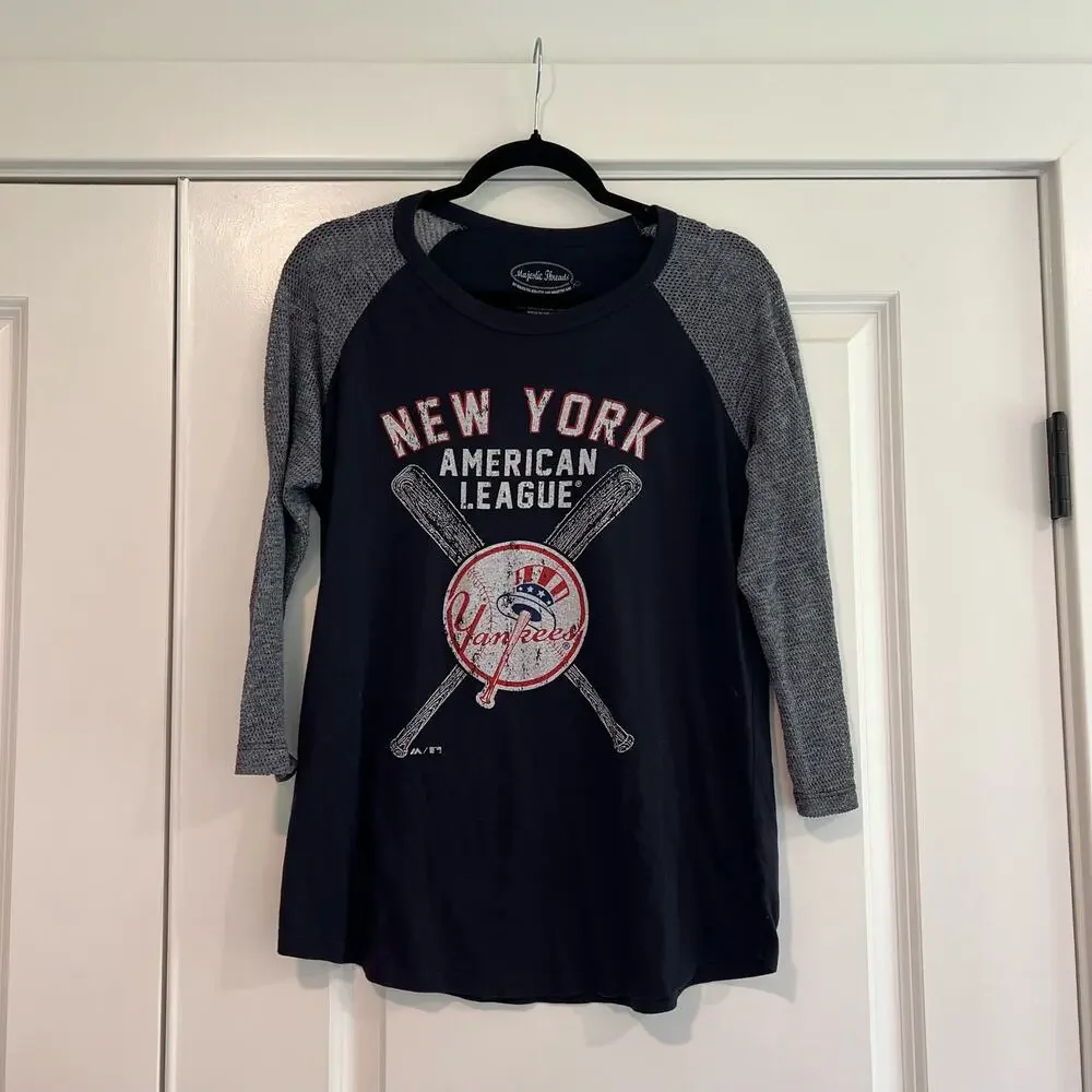Majestic Threads Women's NY Yankees Two Tone Longsleeve Grey Black Sz L - Picture 1 of 9